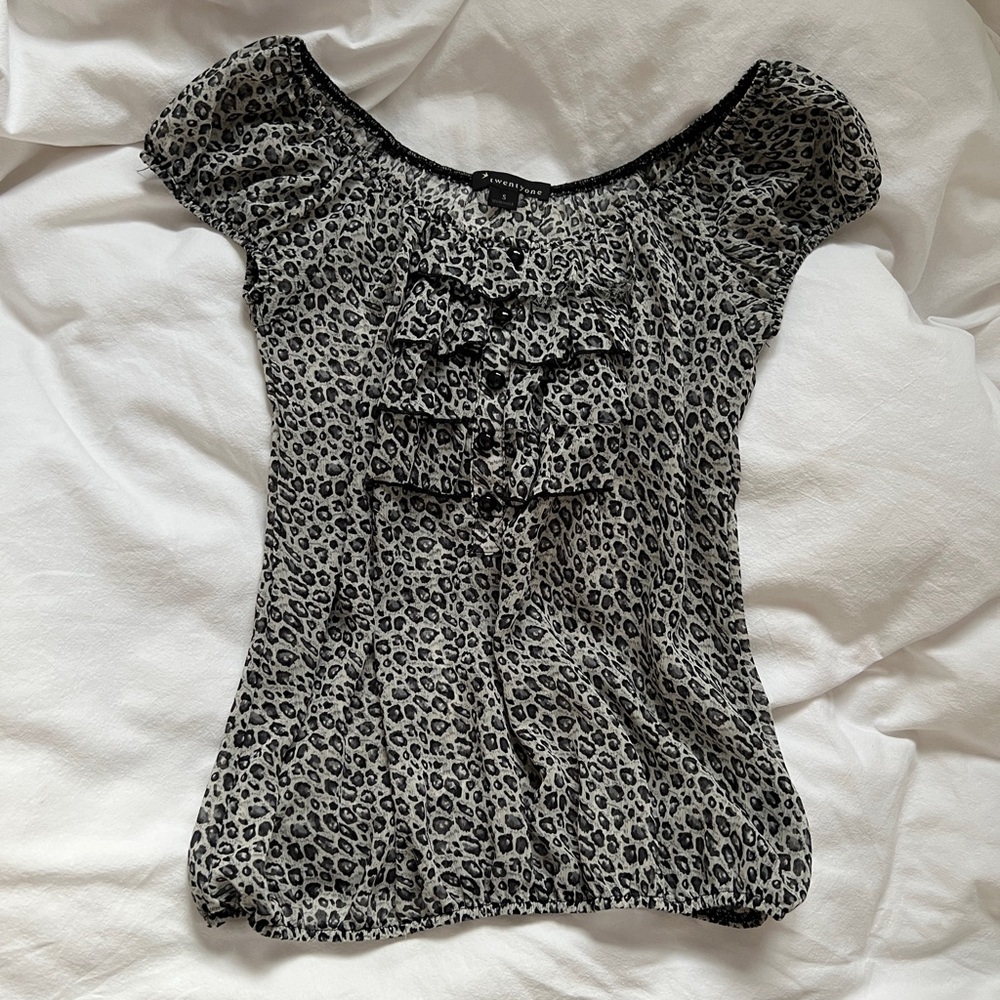 Y2K Leopard Print Sheer Ruffle Top